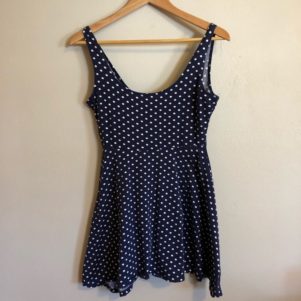Navy blue skater dress with white polka dots